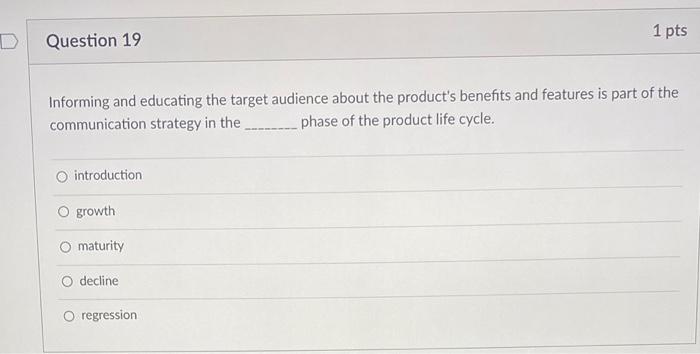 D 1 pts Question 19 Informing and educating the