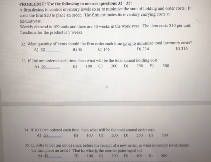 PROBLEM F: Use the following to answer questions