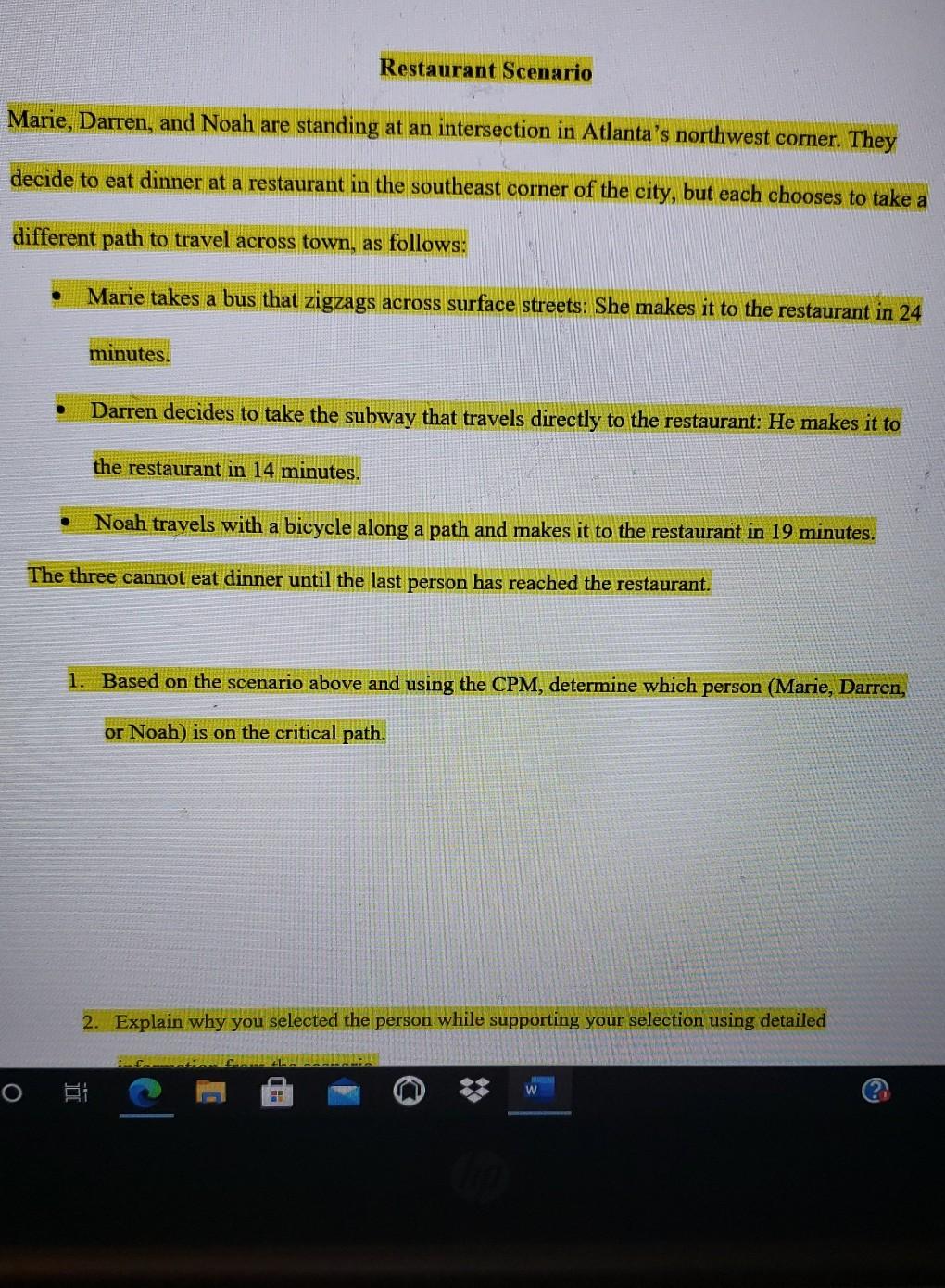 Restaurant Scenario Marie, Darren, and Noah are