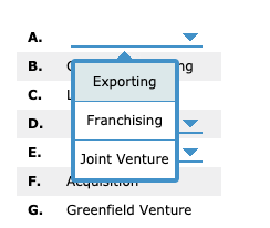 A. B. ng Exporting C. D. Franchising E. F. Joint