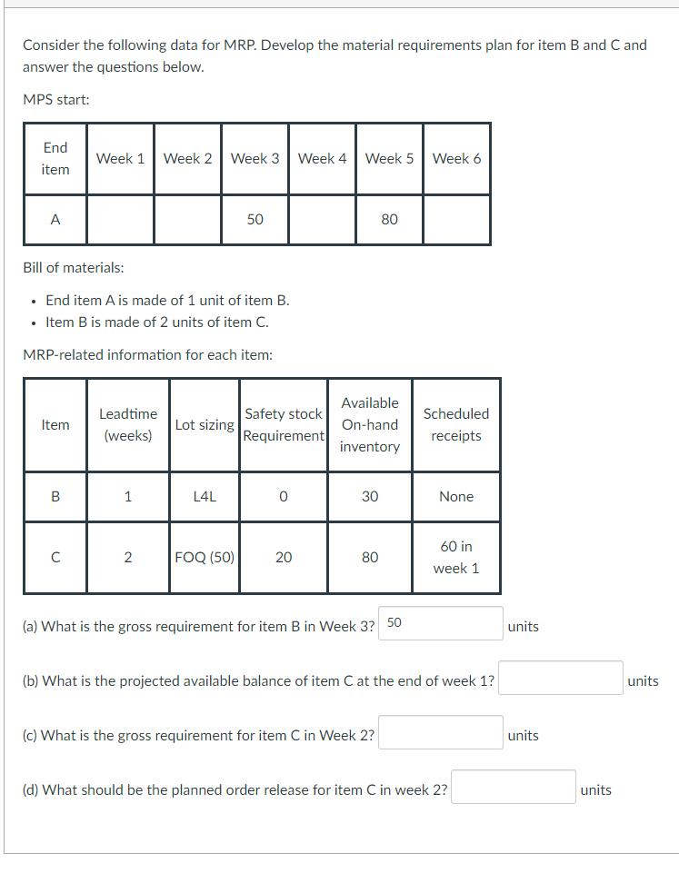 Consider the following data for MRP. Develop the