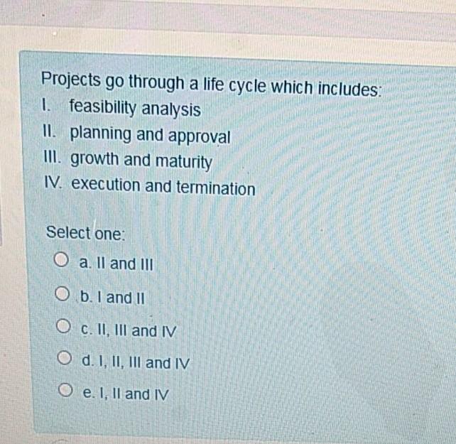 Projects go through a life cycle which includes: