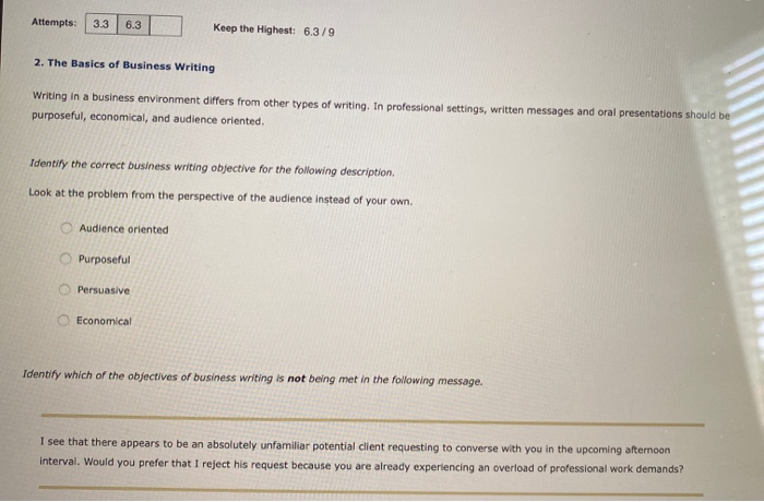 Attempts: 3.3 6.3 Keep the Highest: 6.3/9 2. The