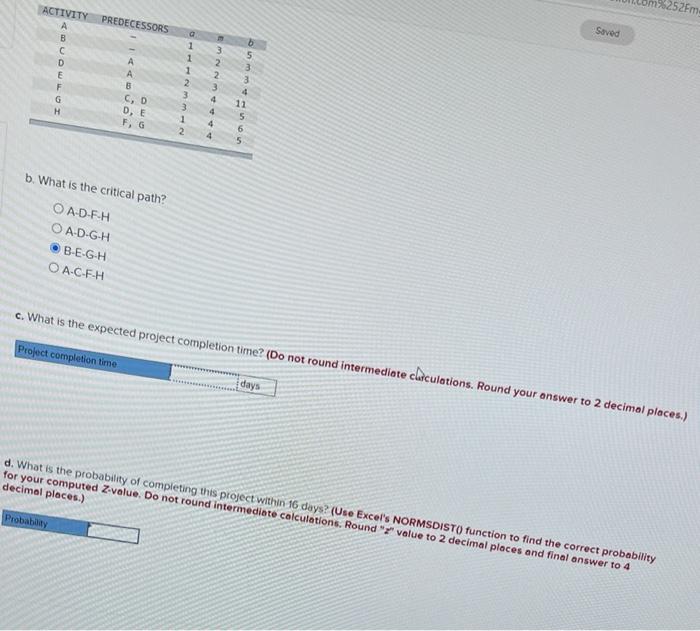 ACTIVITY A B C D E F G H Probability PREDECESSORS