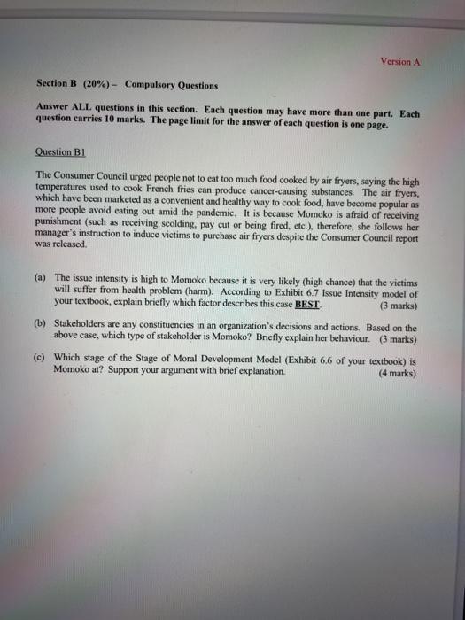 Version A Section B (20%) - Compulsory Questions