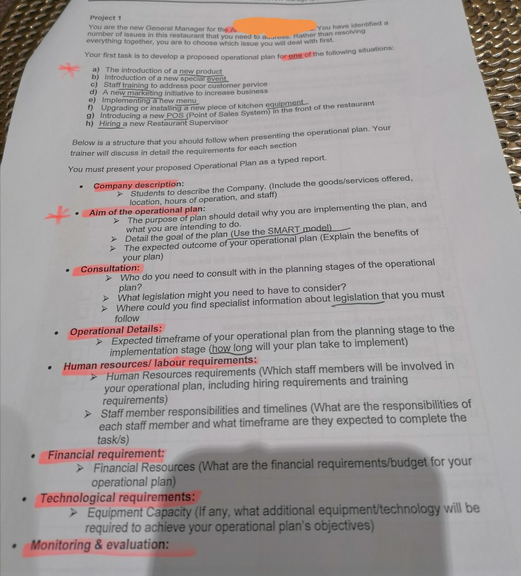 Project Project 1 You are the new General Manager