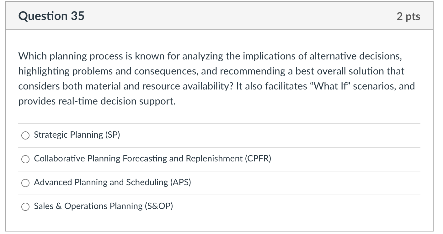 Question 35 2 pts Which planning process is known