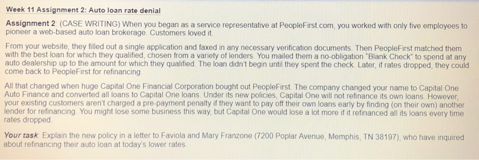 Week 11 Assignment 2: Auto loan rate denial