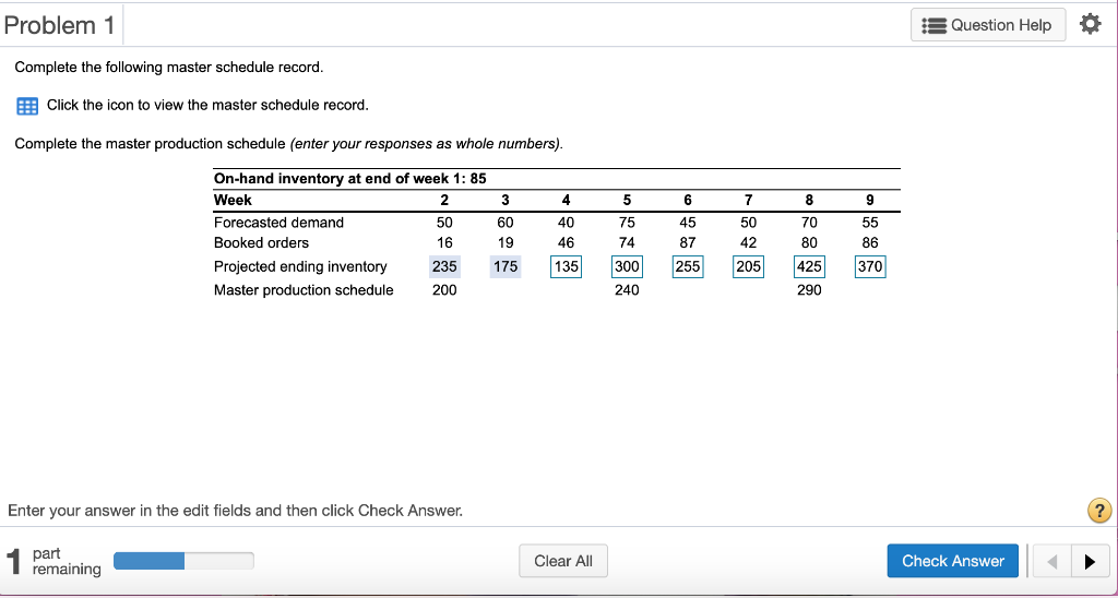 Problem 1 Question Help Complete the following