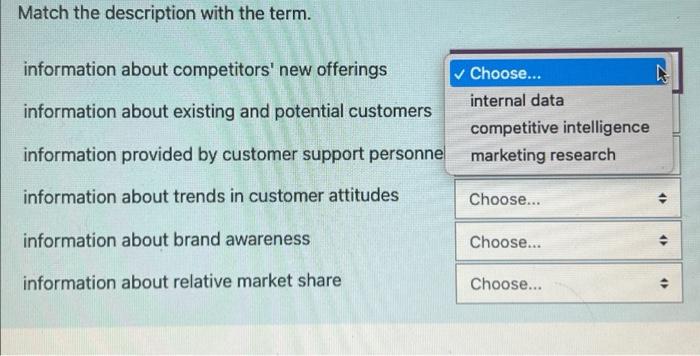 Match the description with the term. information