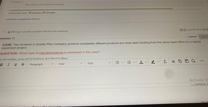 Remaining Time 19 minutes, 07 seconds. Question