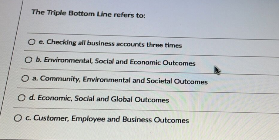 The Triple Bottom Line refers to: O e. Checking