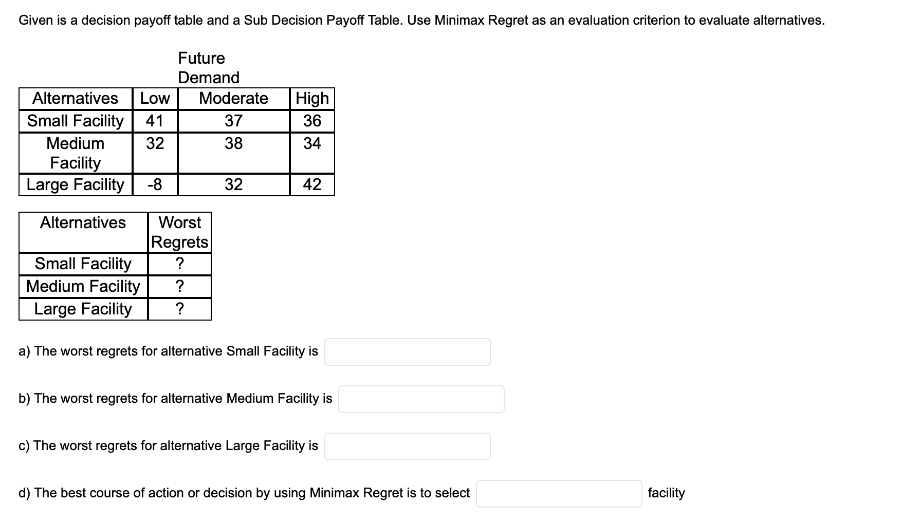 Given is a decision payoff table and a Sub