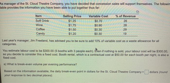 As manager of the St. Cloud Theatre Company, you