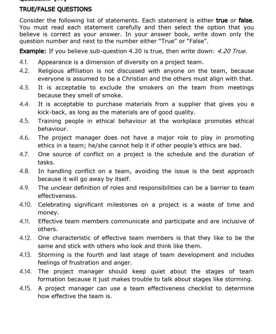 TRUE/FALSE QUESTIONS Consider the following list