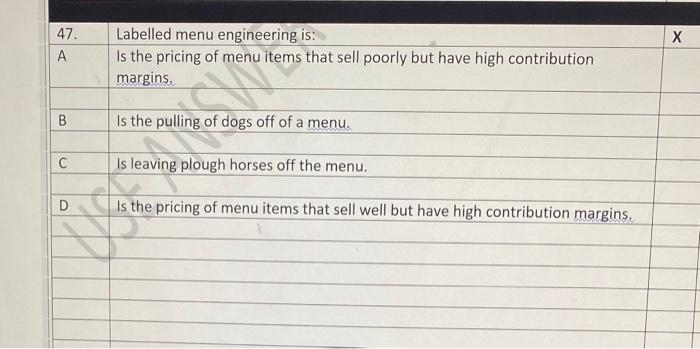 47. A Labelled menu engineering is: Is the