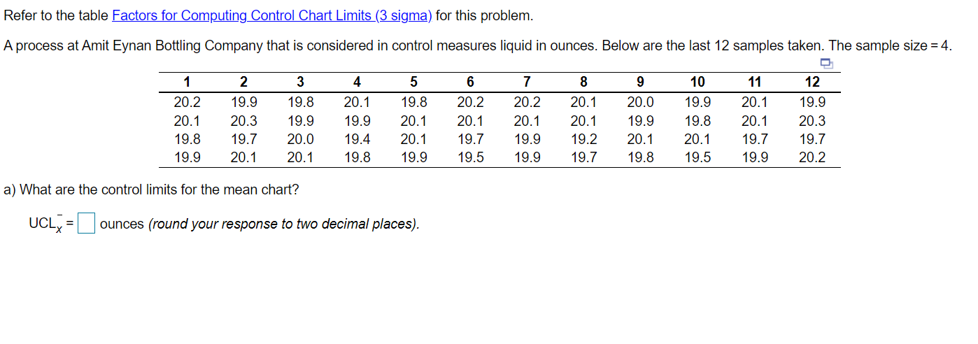 Refer to the table Factors for Computing Control
