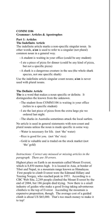 COMM 1106 Grammar: Articles & Apostrophes Part 1: