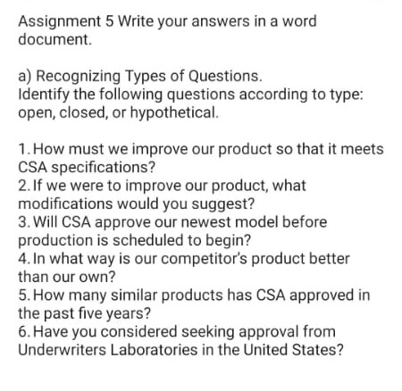 Assignment 5 Write your answers in a word