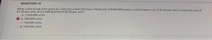 QUESTION 14 What is the break even point din unit
