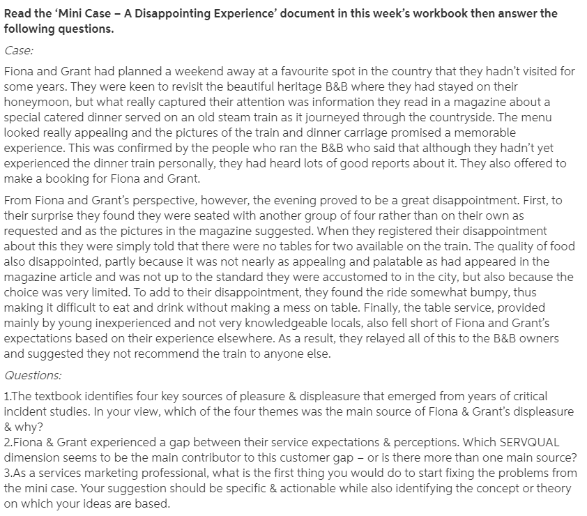 Services Marketing Mini Case Question Read the