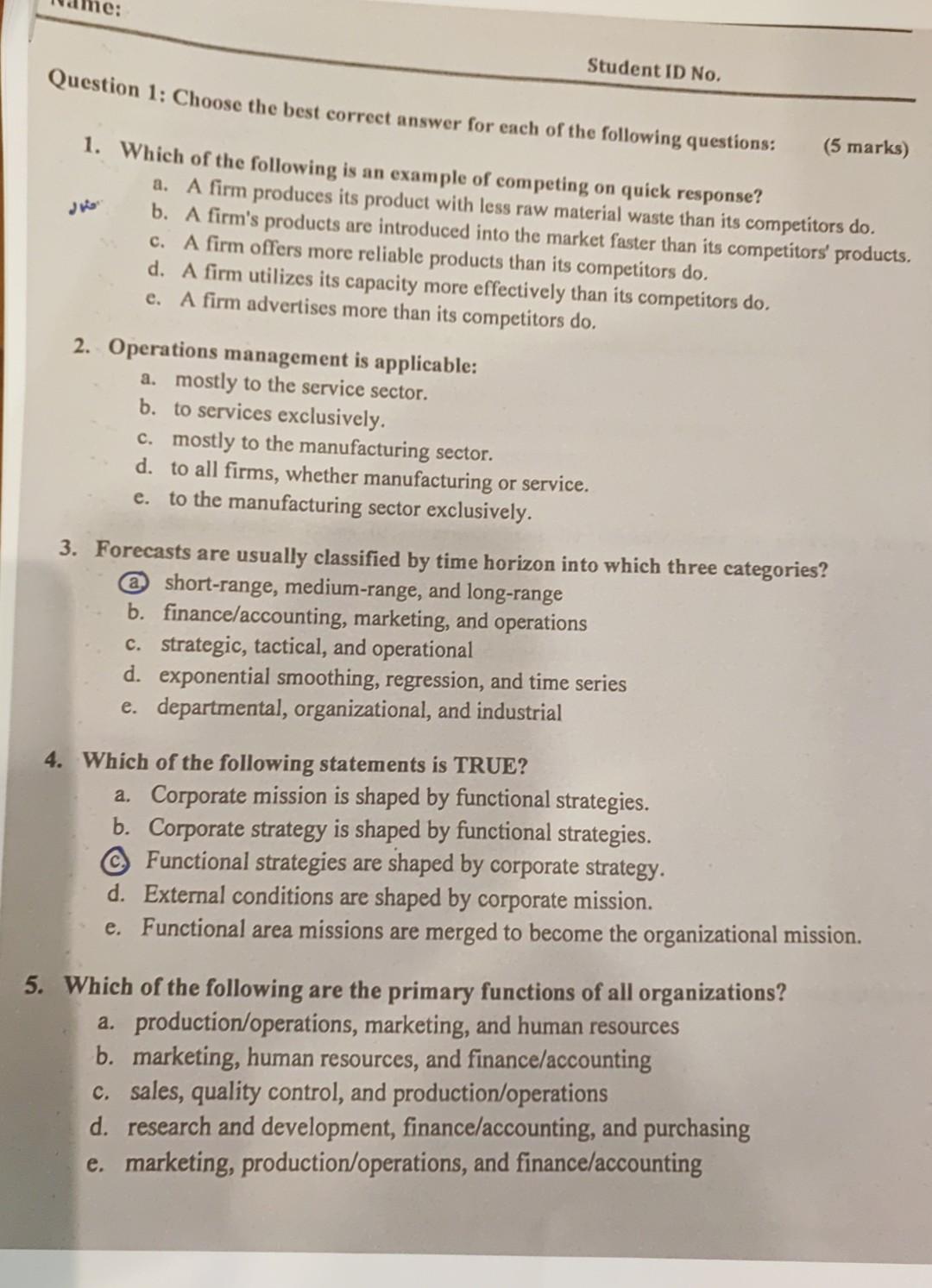 Student ID No. Question 1: Choose the best