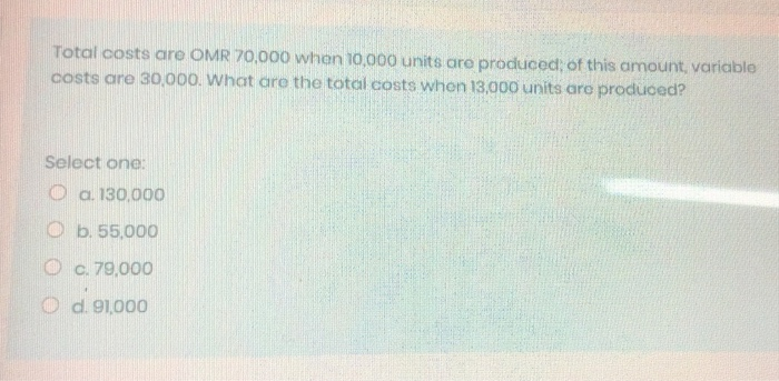 Total costs are OMR 70,000 when 10,000 units are