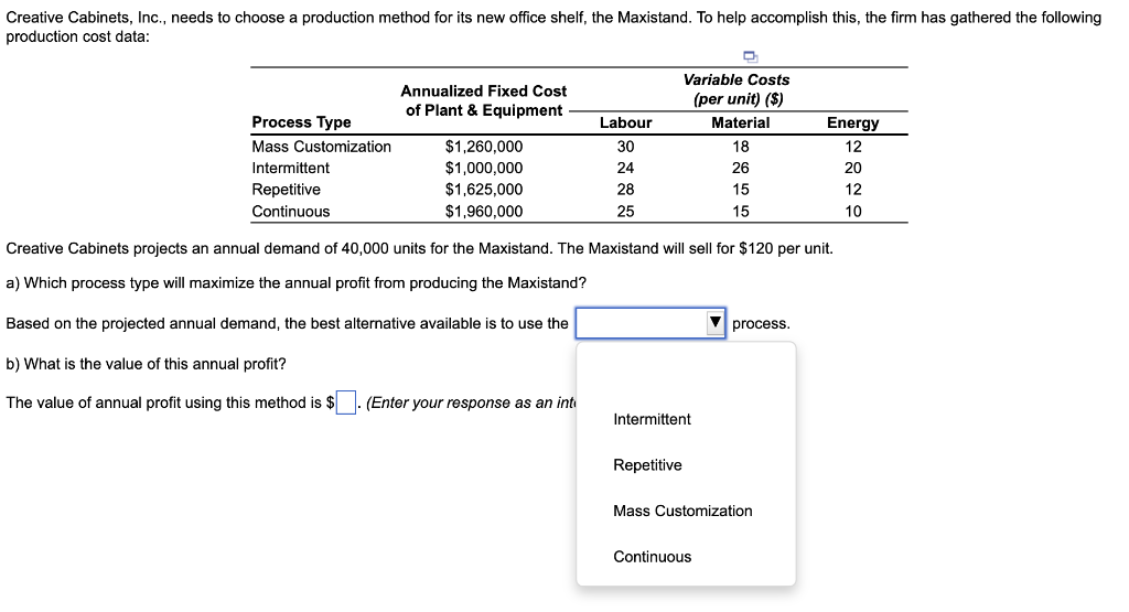 Creative Cabinets, Inc., needs to choose a