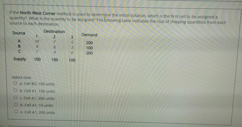 If the North West Corner method is used to