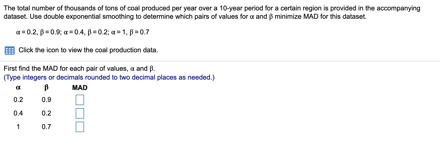 The total number of thousands of tons of coal