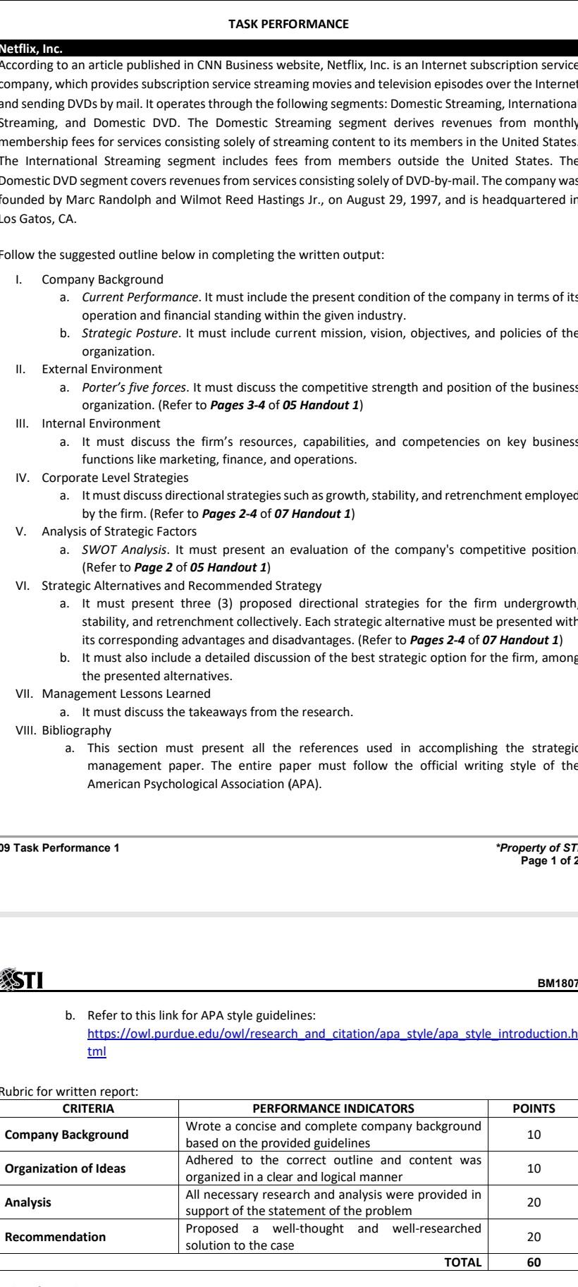 TASK PERFORMANCE Netflix, Inc. According to an