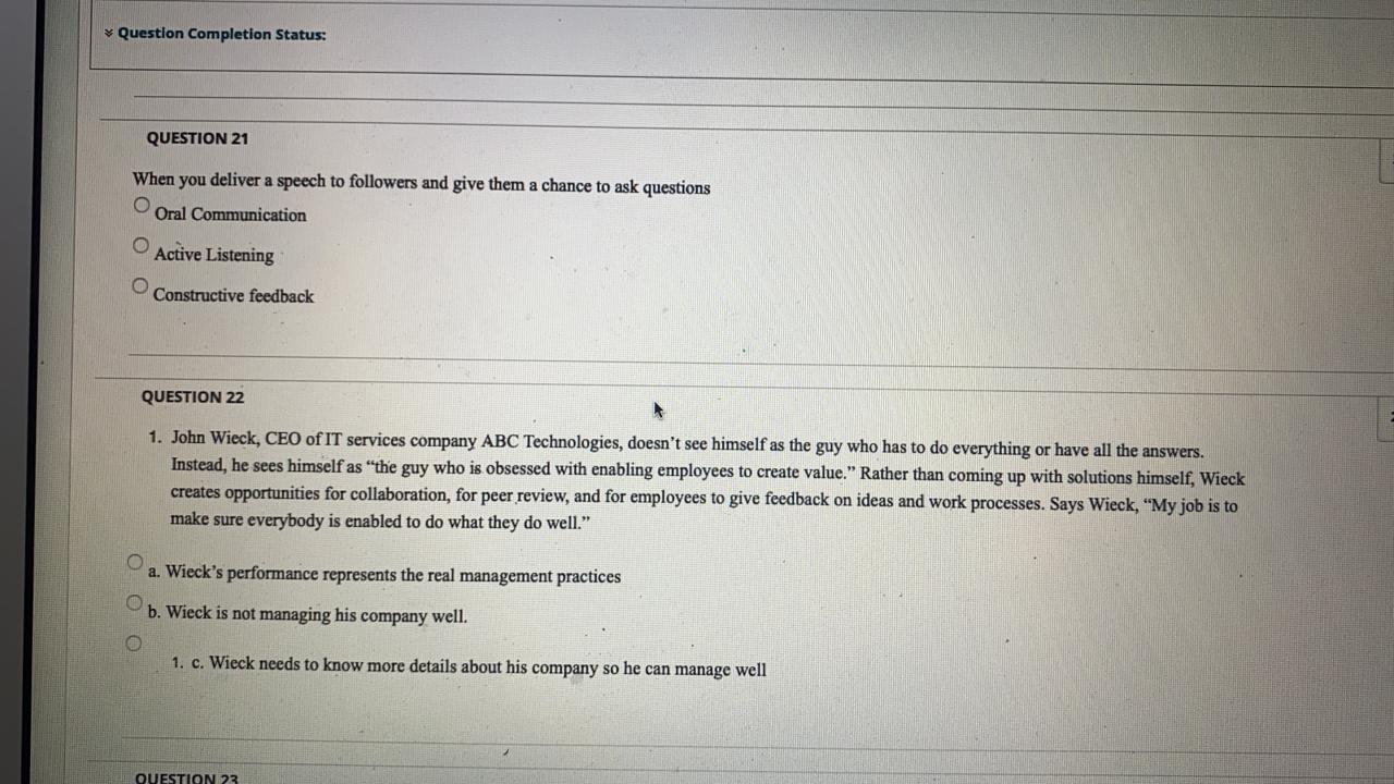 * Question Completion Status: QUESTION 21 When