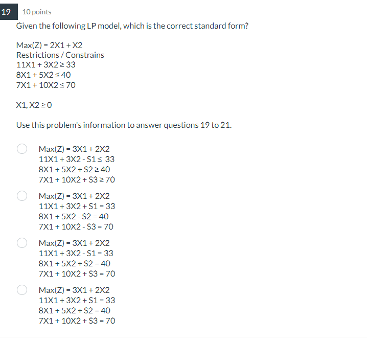 Given the following LP model, which is the