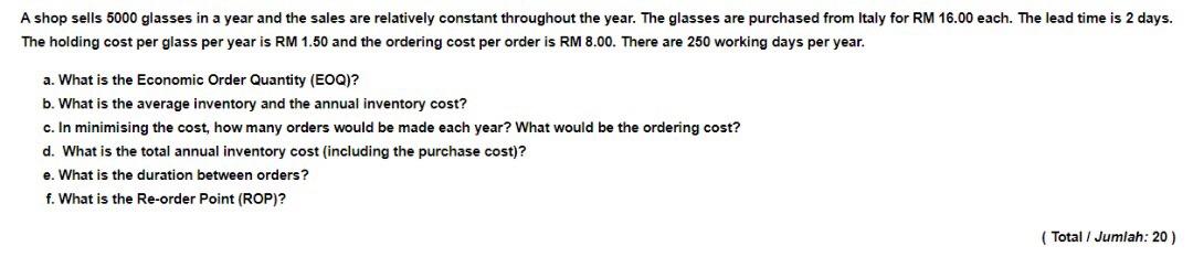 A shop sells 5000 glasses in a year and the sales