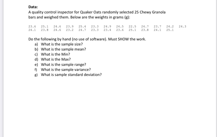 help please Data: A quality control inspector for