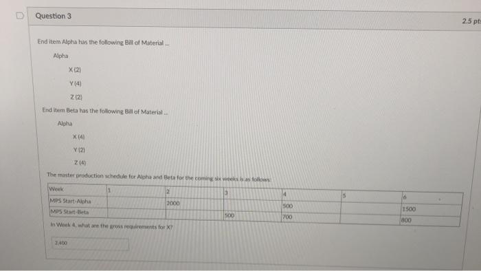 D Question 3 2.5 pts End item Alpha has the