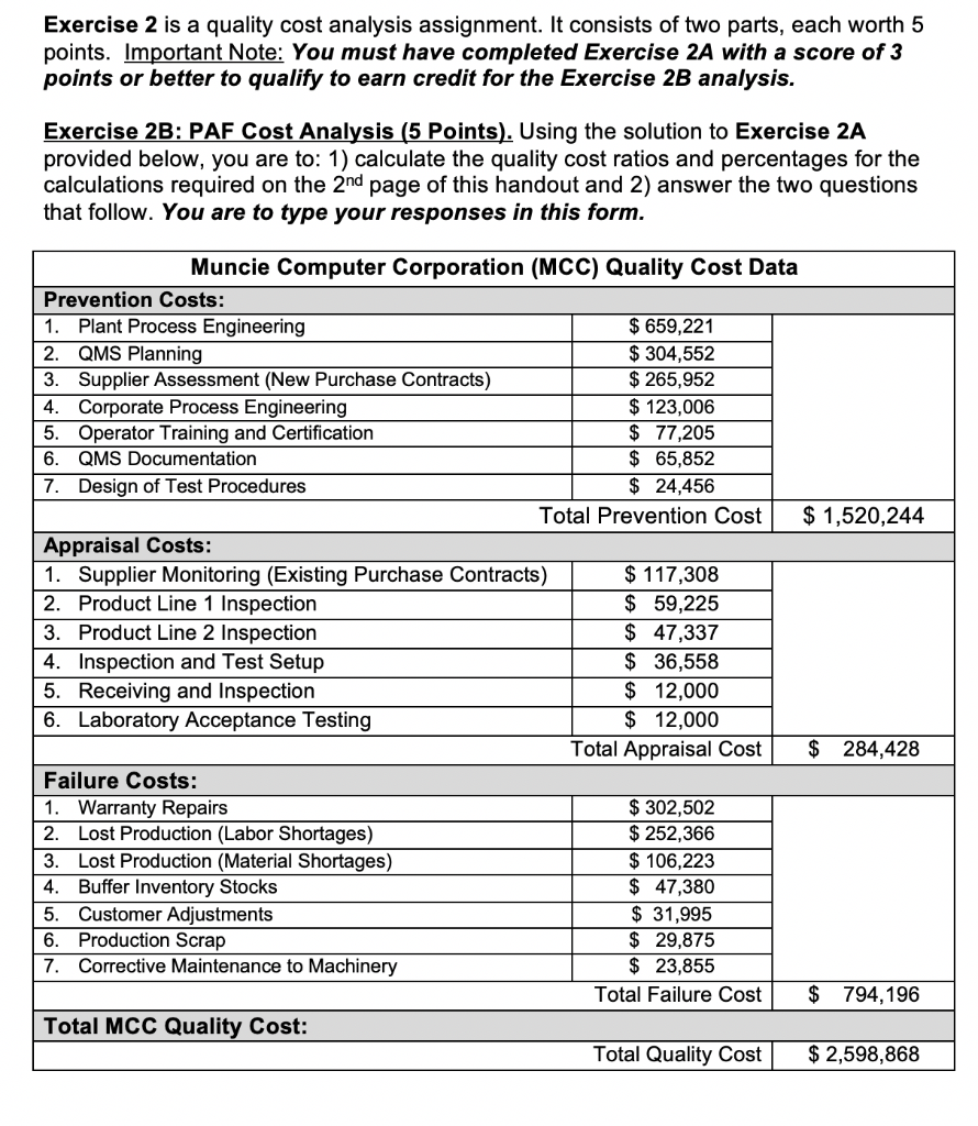 Exercise 2 is a quality cost analysis assignment.
