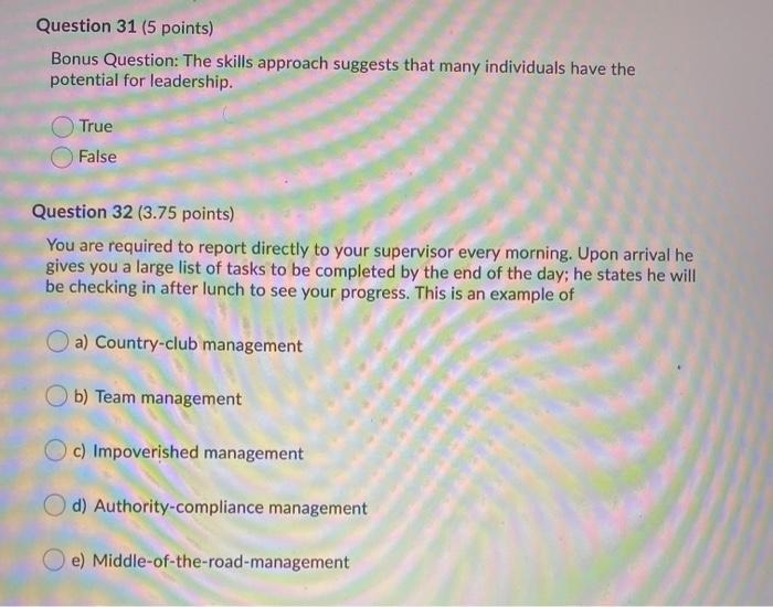 QUESTION 31 & 32 Question 31 (5 points) Bonus