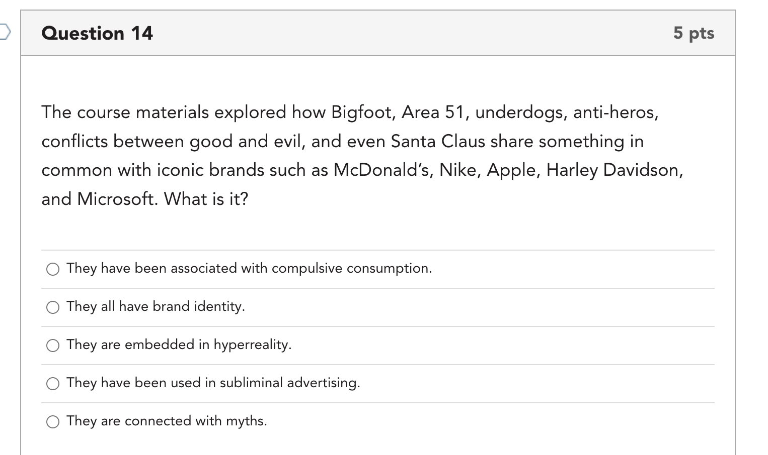 > Question 14 5 pts The course materials explored
