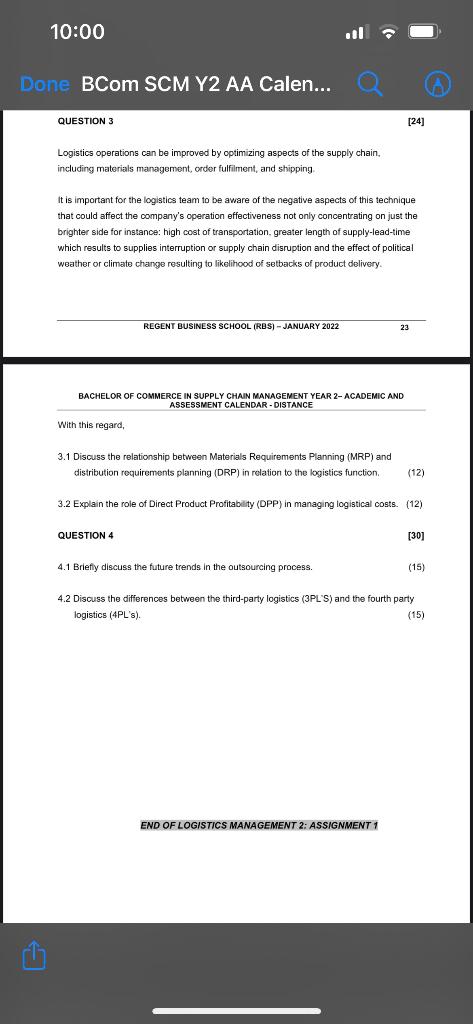 QUESTION 3 [24] Logistics operations can be