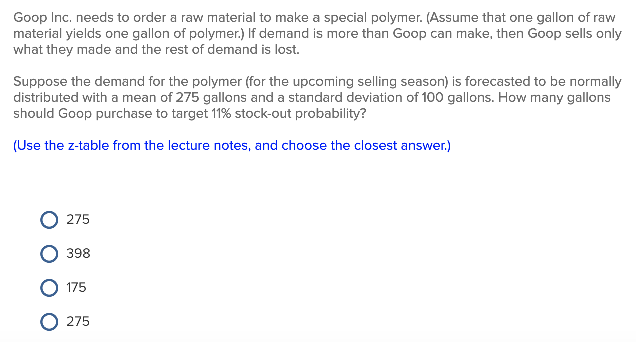 Goop Inc. needs to order a raw material to make a