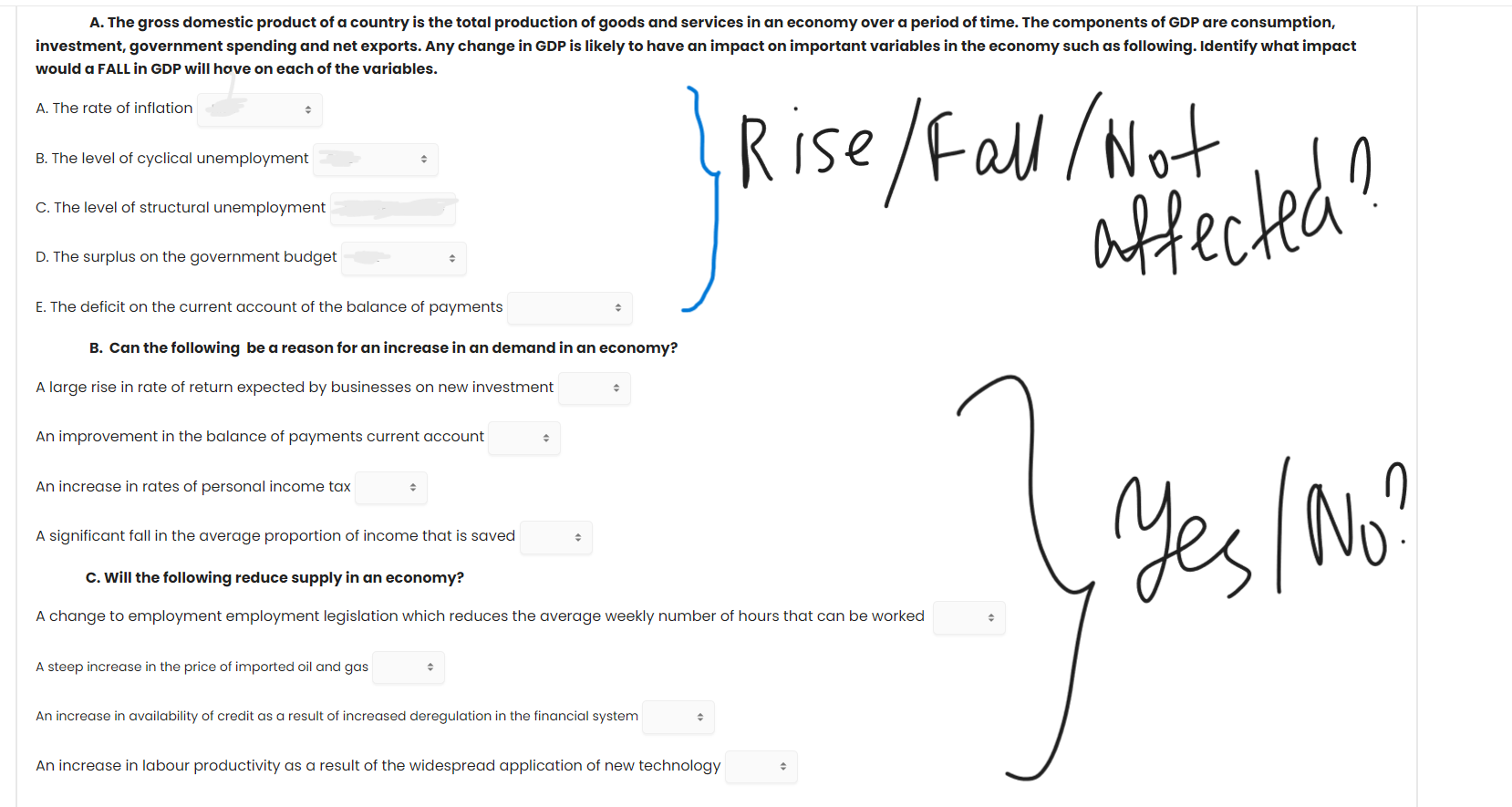 Section A: Choose the rise, fall, or not