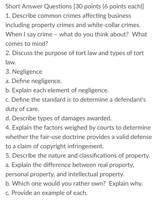 Short Answer Questions (30 points (6 points