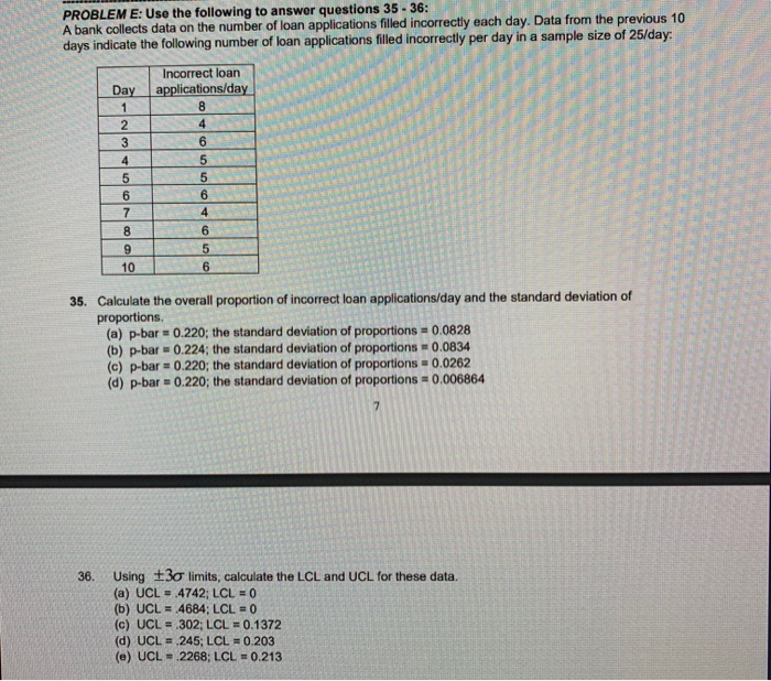 35,36 PROBLEM E: Use the following to answer