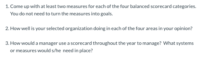 1. Come up with at least two measures for each of