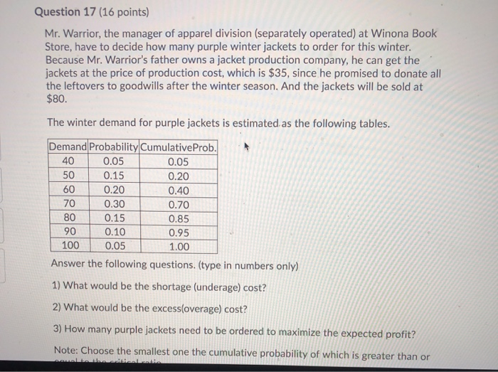 Question 17 (16 points) Mr. Warrior, the manager