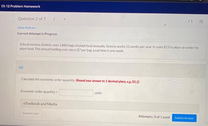 Ch 12 Problem Homework Question 2 of 7 -/1 View