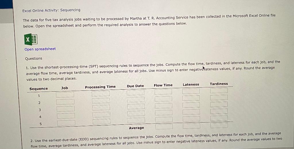 Excel Online Activity: Sequencing The data for