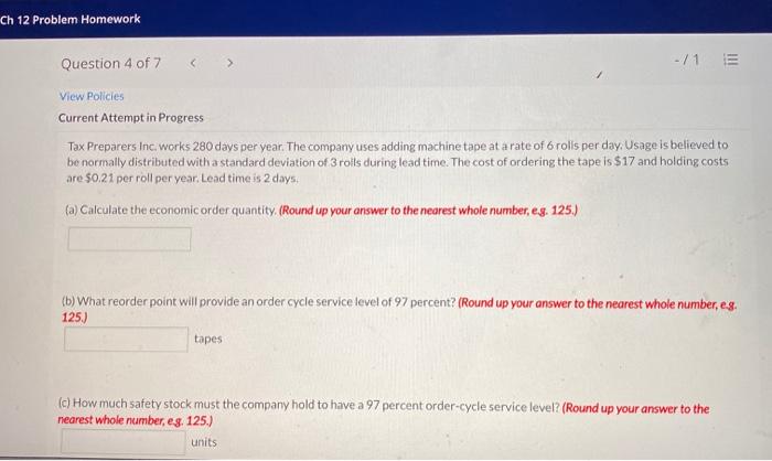 Ch 12 Problem Homework Question 4 of 7 -/1 E View