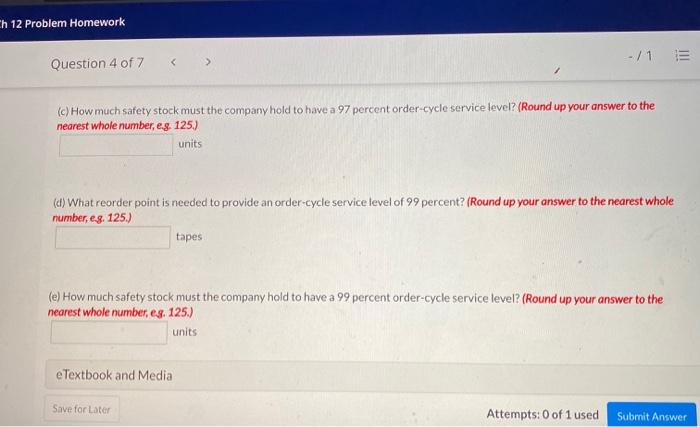 Ch 12 Problem Homework Question 4 of 7 -/1 E View